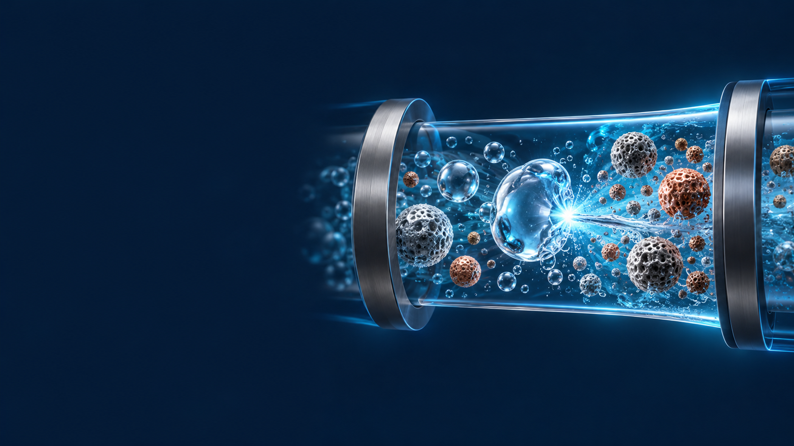Porous metallic catalyst particles with finely textured surfaces suspended beside a localized collapsing bubble in a transparent flow passage