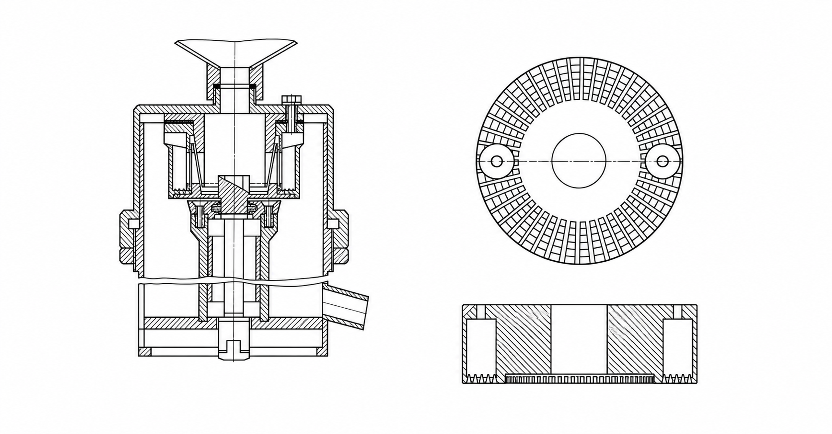 Figure 3.1. Rotor-stator architectures shown as simplified technical illustrations. Left, the apparatus disclosed in SU829155A1. Right, plan and sectional views of the low profile toothed stator disclosed in US5632596A