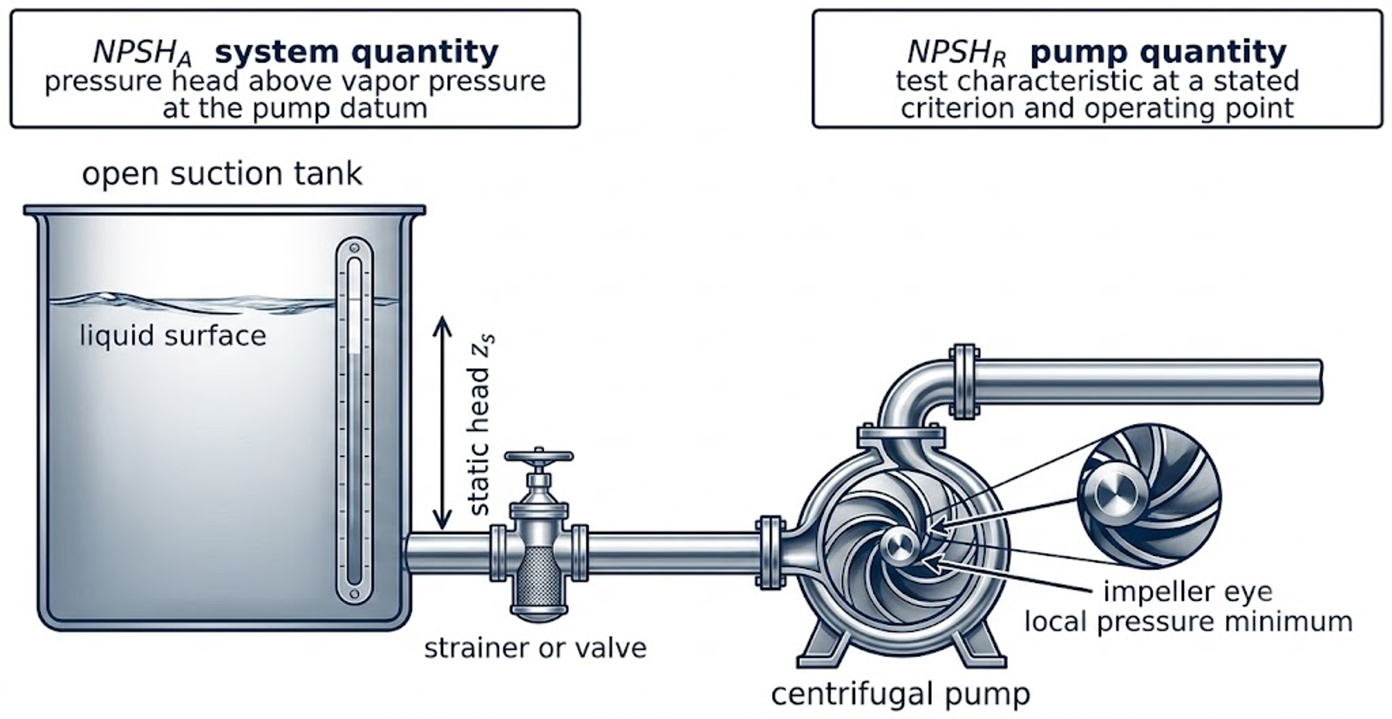 Figure 1. Schematic pump suction system showing an open suction tank, static head, suction restriction, centrifugal pump, impeller eye, and NPSHA and NPSHR concepts