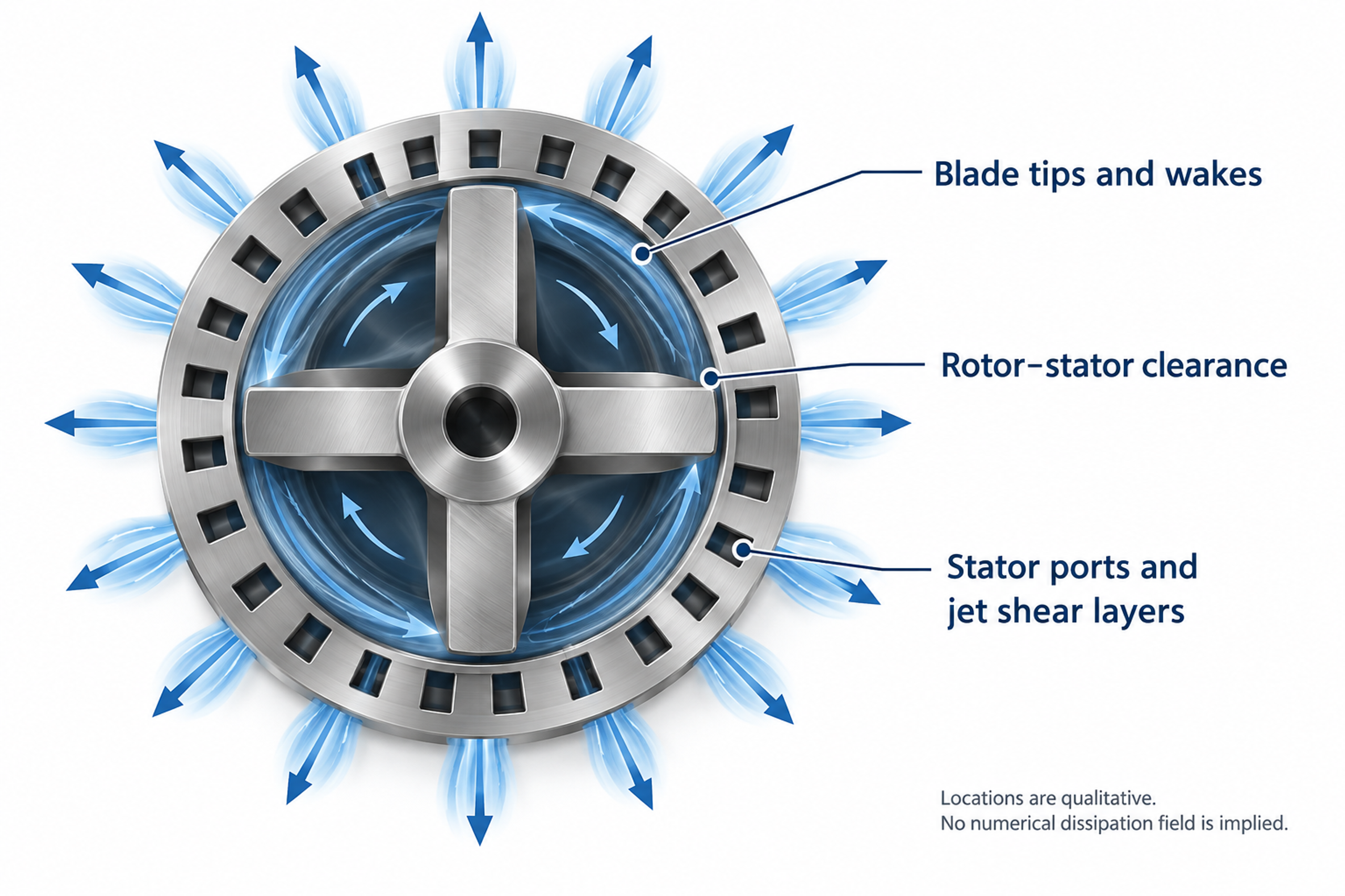Figure 9.4. Qualitative diagram of regions of intense deformation and dissipation at blade tips, within the gap, and in stator jets