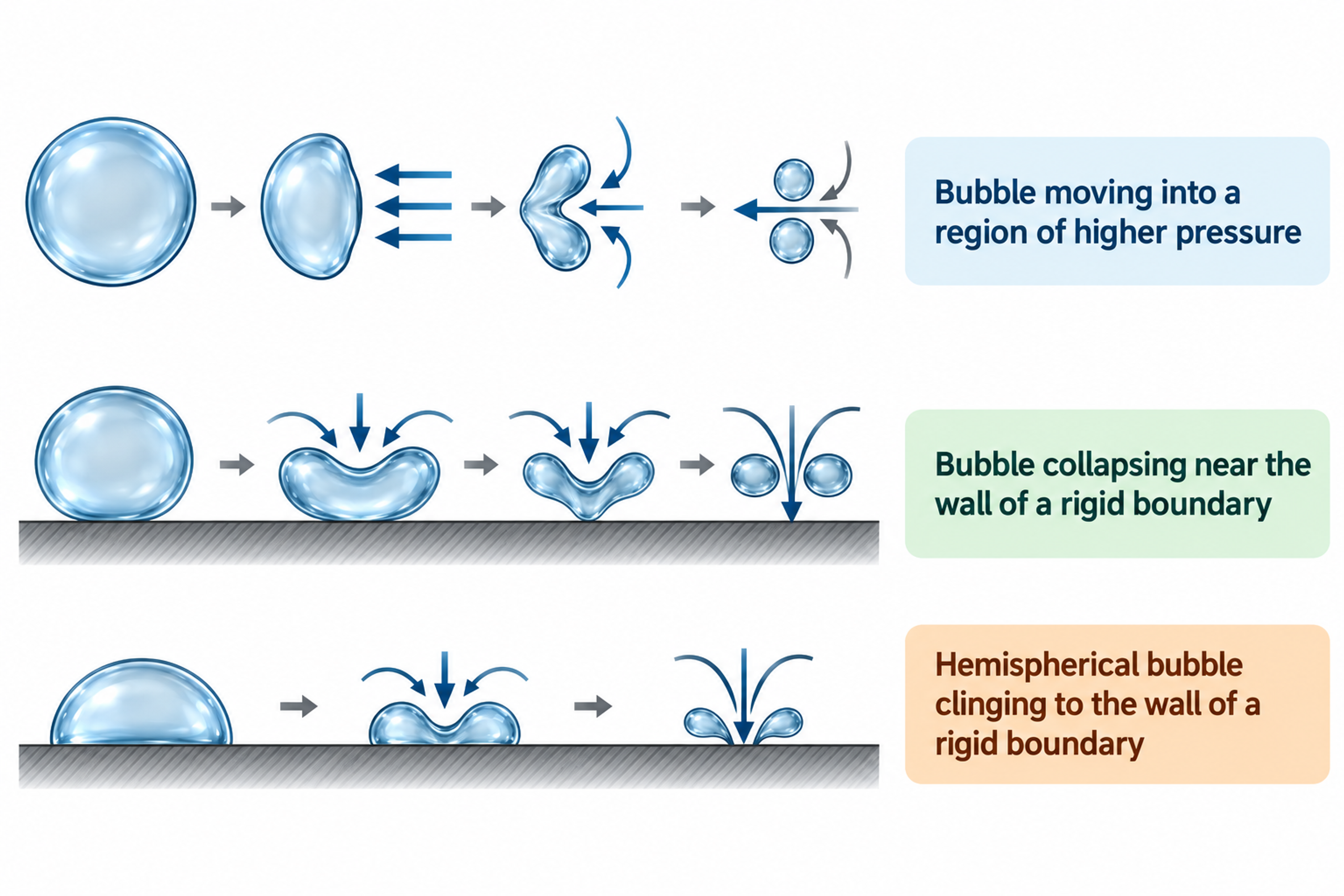 Figure 6. Bubble collapse near free and solid boundaries, with the associated jet velocity relation