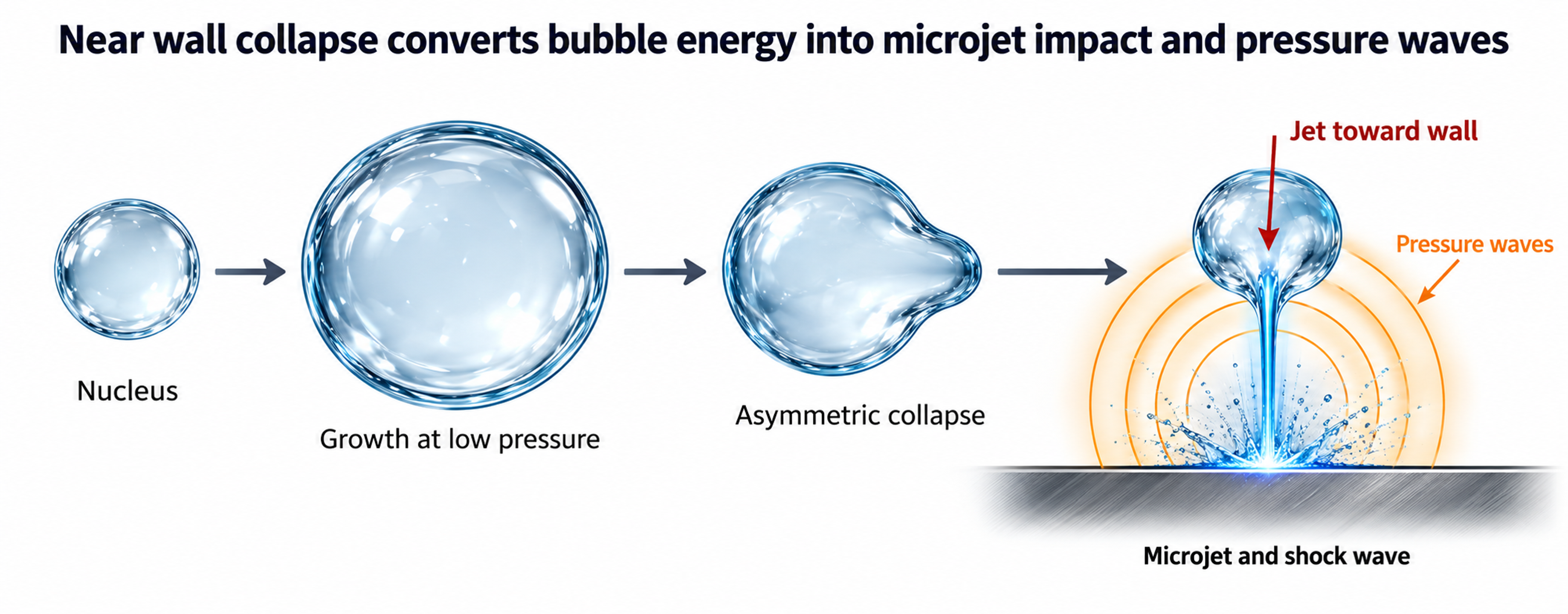Figure 5. Stages of near-wall bubble growth and collapse
