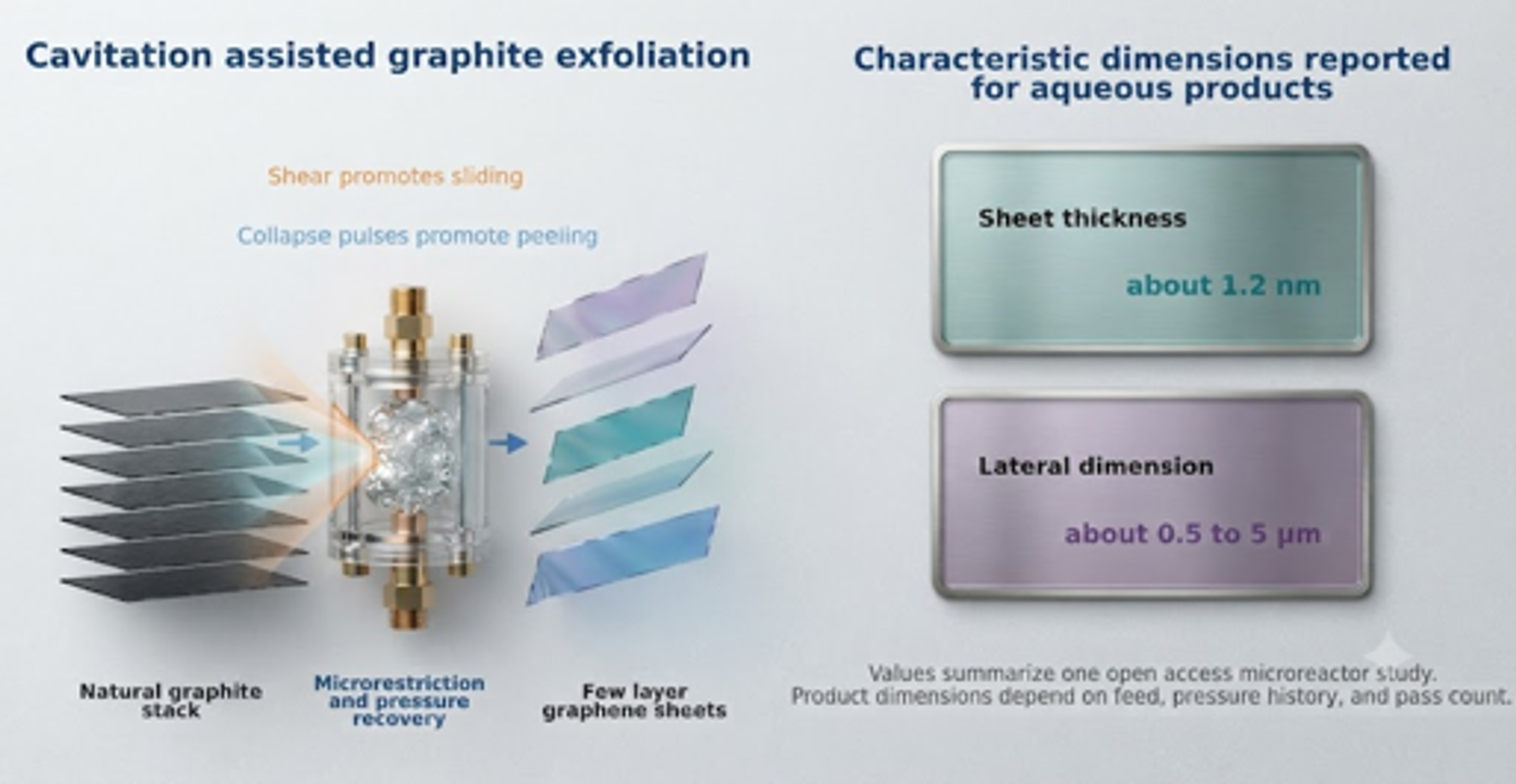 Figure 8.11. Cavitation assisted graphite exfoliation mechanism and reported characteristic dimensions of aqueous few-layer graphene products