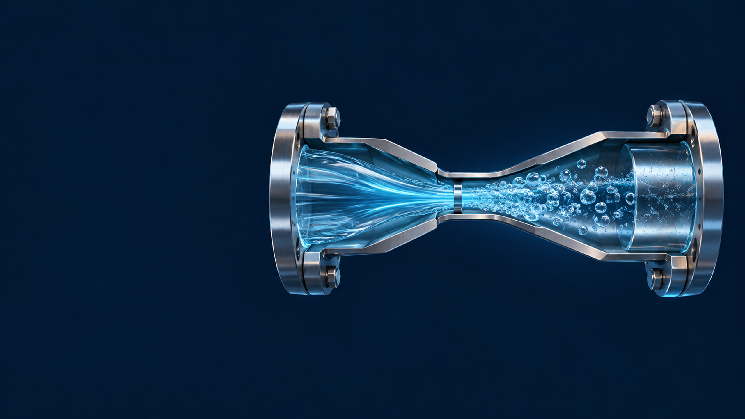 A refined industrial stainless-steel cavitation reactor in a compact cutaway view, revealing a Venturi cartridge, transparent water flow and restrained downstream bubble cloud.