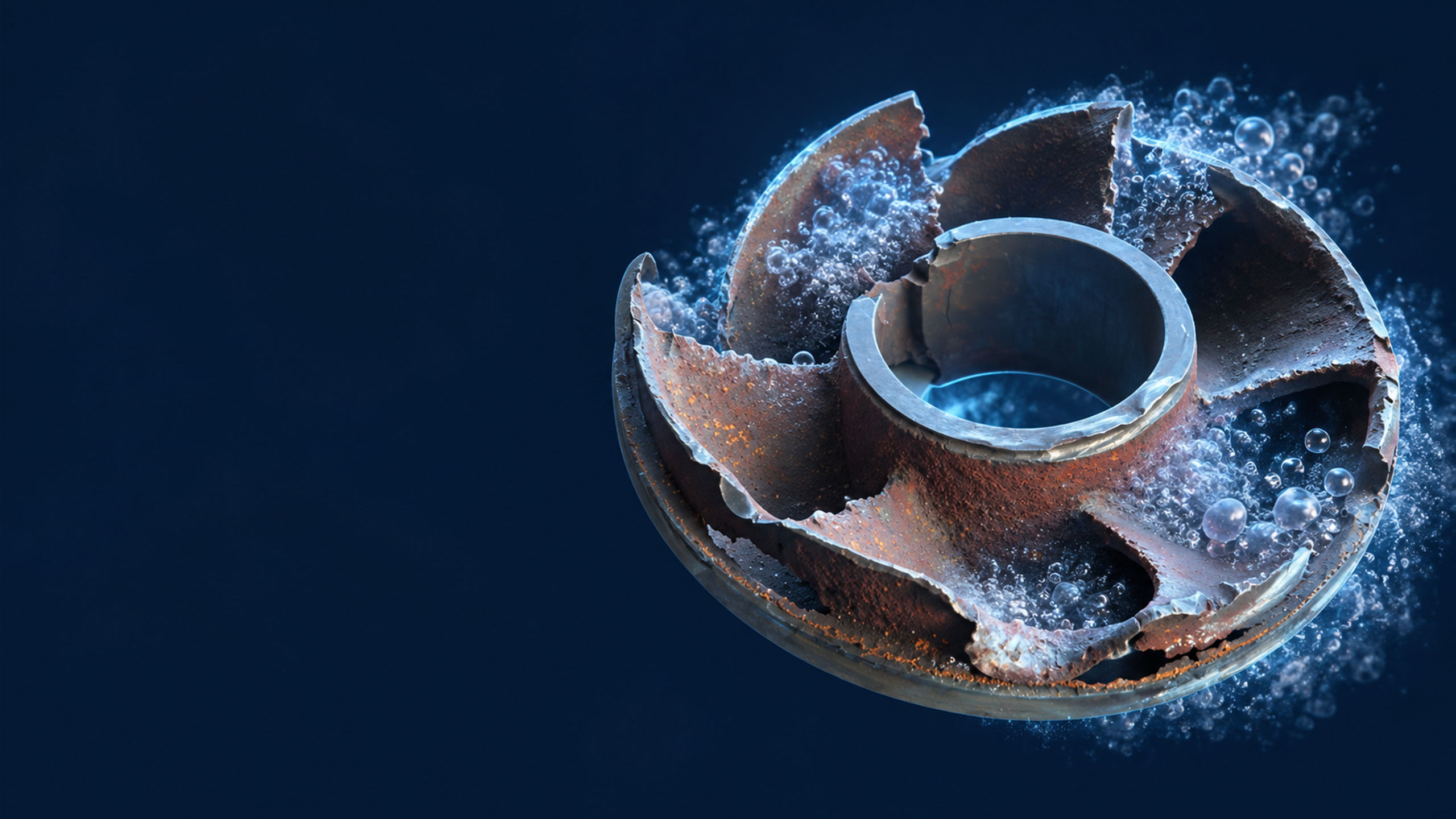 A detailed metallic pump impeller and cutaway hydraulic passage surrounded by a restrained local cloud of water vapor cavities
