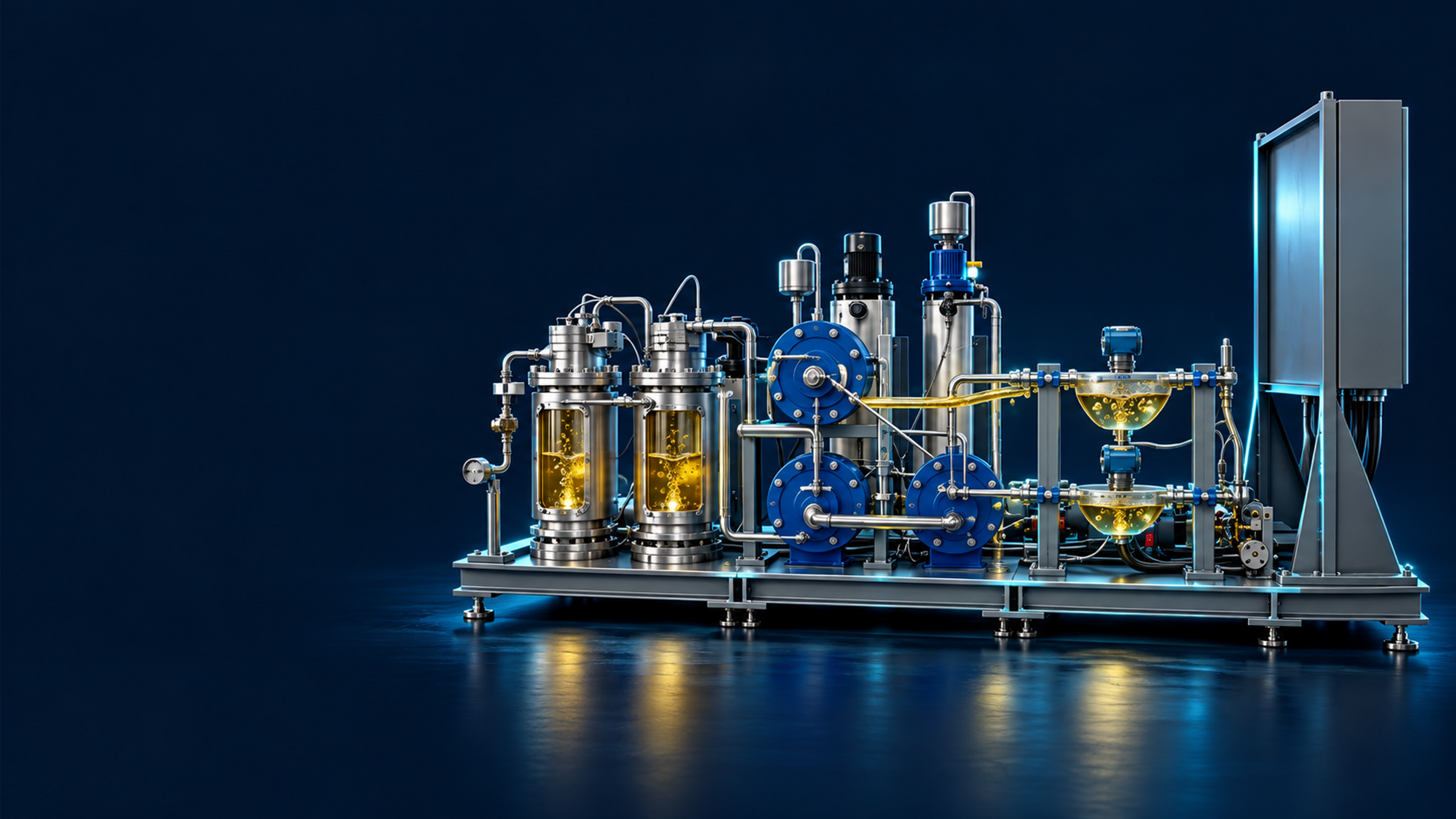 A stainless-steel flow reactor processing translucent golden vegetable oil, amber droplets breaking into a fine dispersion and restrained pale green highlights.