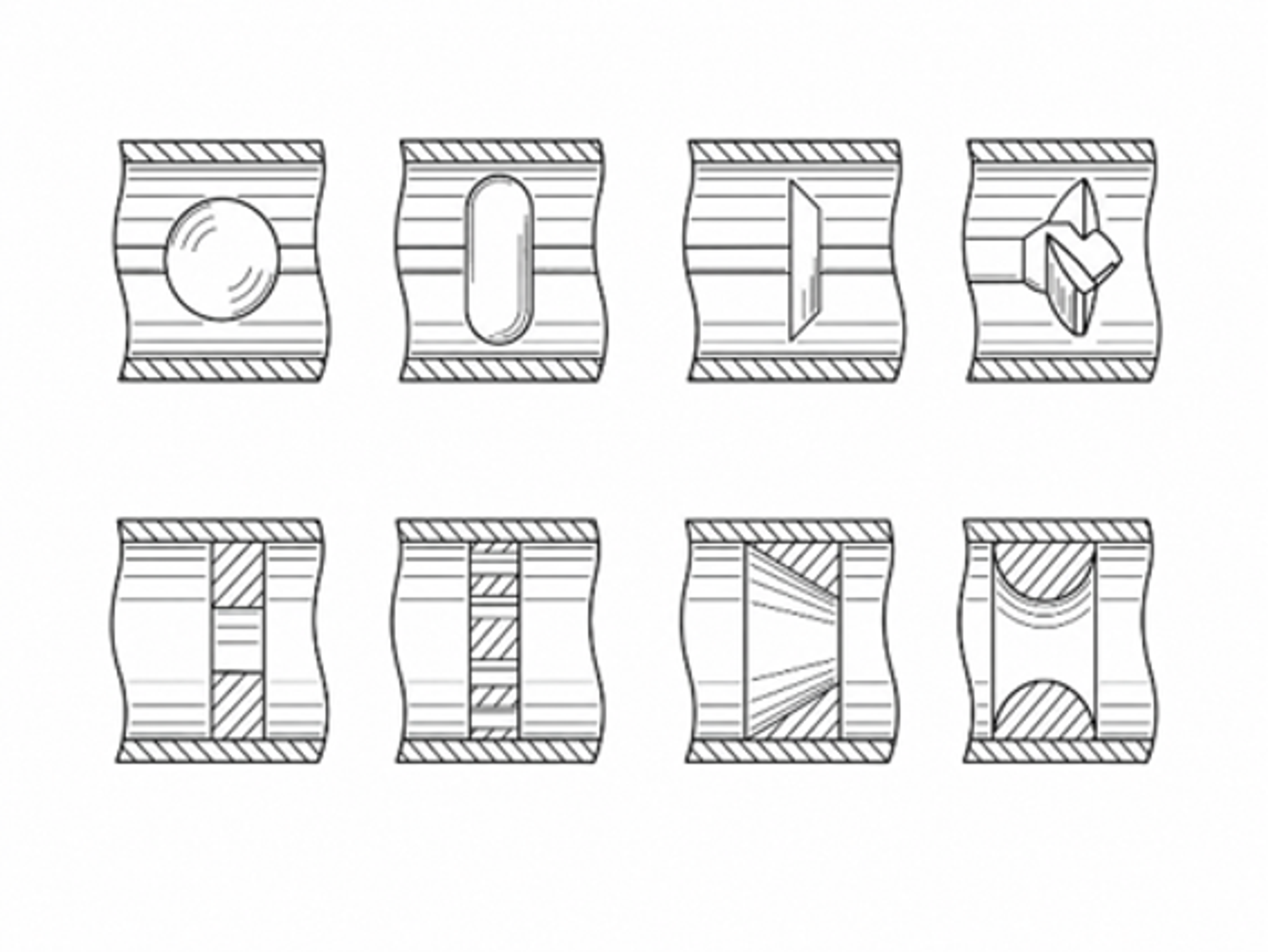 Figure 8. Drawings of controlled flow cavitation devices illustrating inline flow passages and cavitation generating geometries