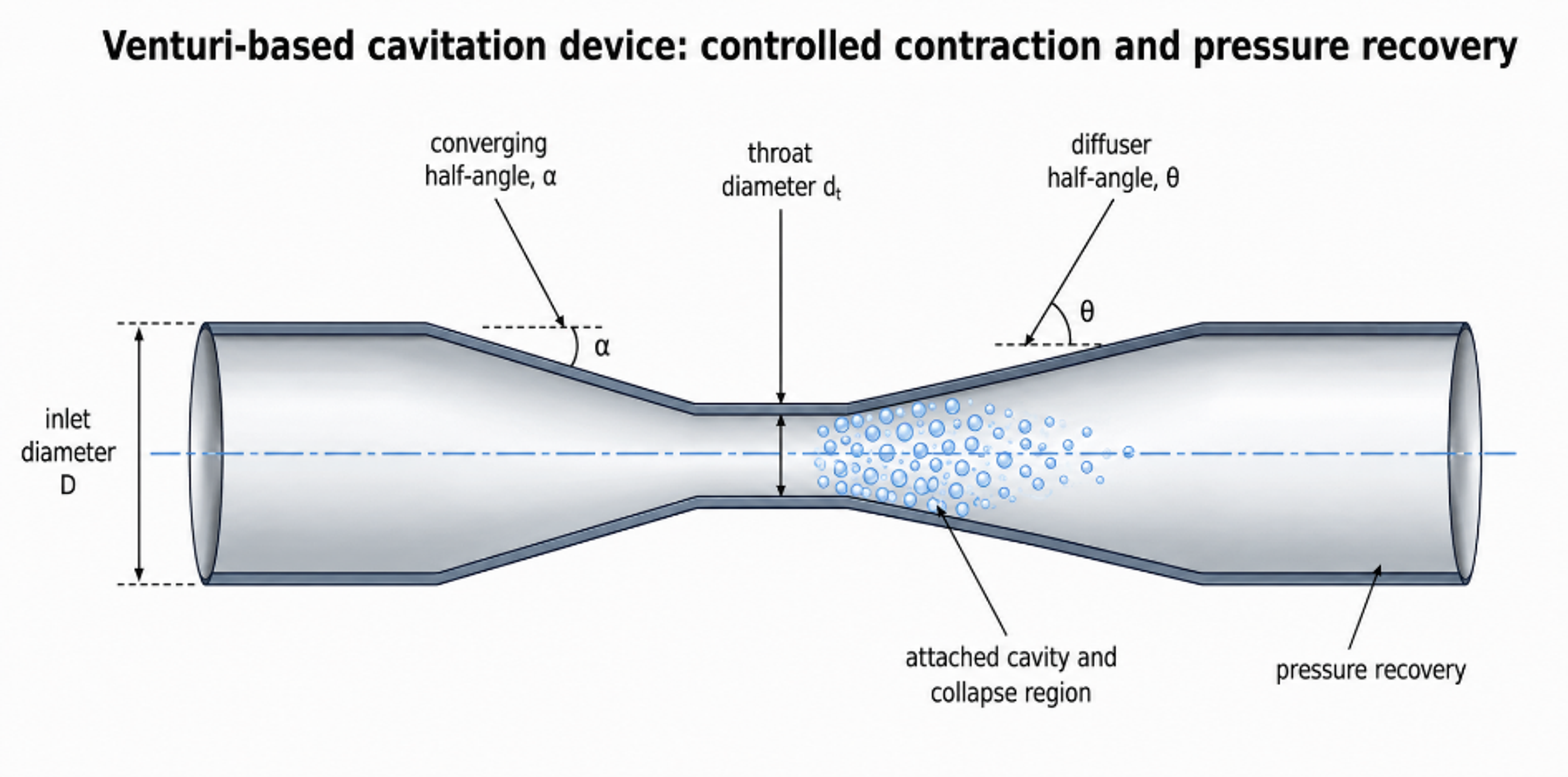 Figure 4. Venturi based cavitation device with controlled contraction, throat, and diffuser