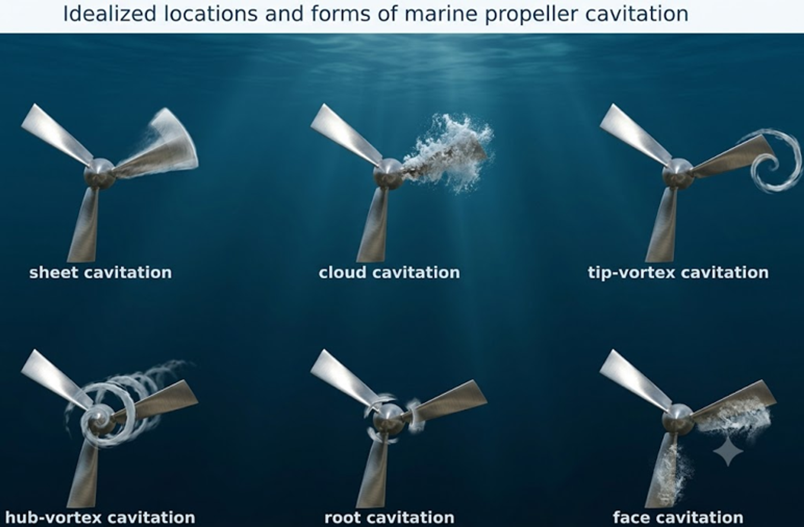 Figure 6. Idealized diagram showing sheet, cloud, tip-vortex, hub-vortex, root, and face cavitation locations on a marine propeller