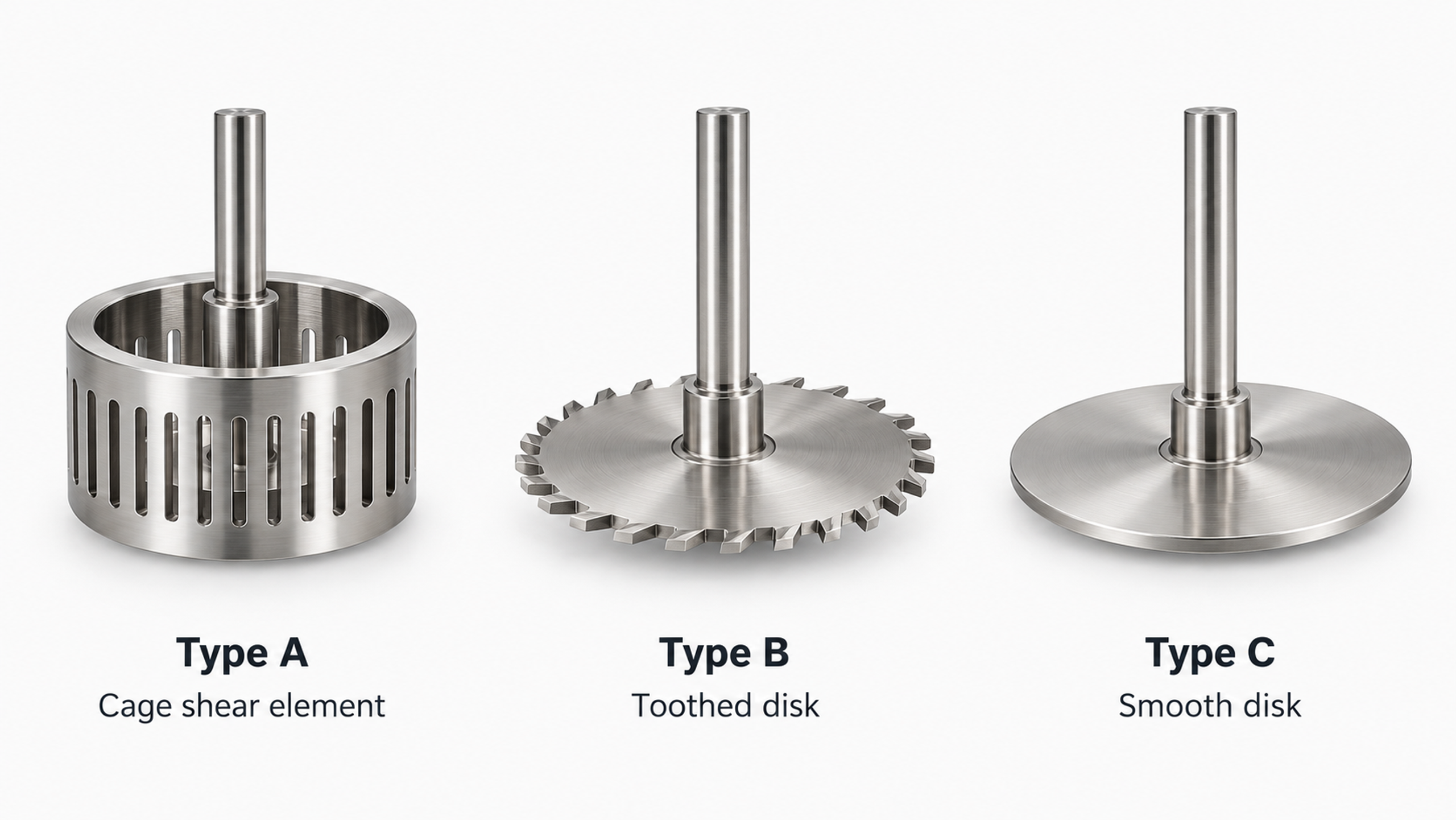 Figure 4.1. Simplified representations of Scott Turbon Type A, B, and C shear elements: cage shear element, toothed disk, and smooth disk