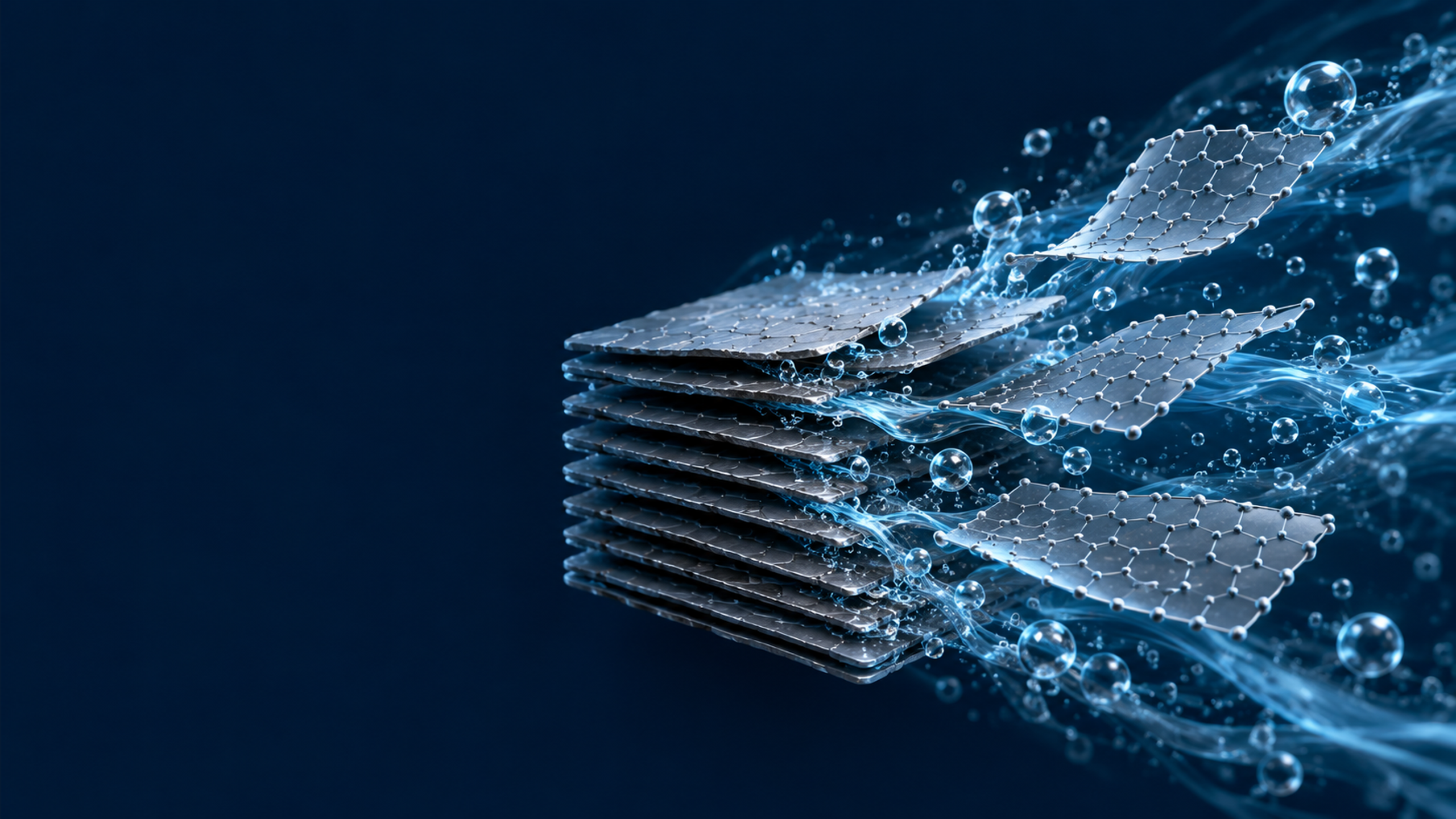 Thin graphite layers separating into delicate hexagonal graphene sheets in a liquid flow with tiny cavitation bubbles