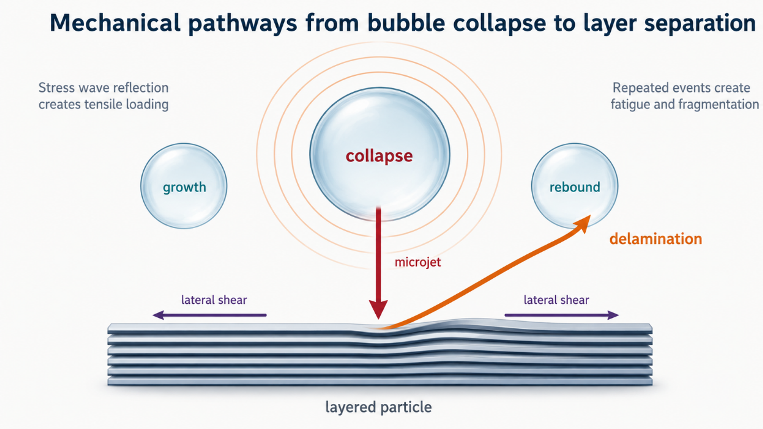 Figure 4.2. Mechanical pathways by which bubble collapse, pressure waves, microjets, lateral shear, and repeated fatigue can separate or fragment layered particles
