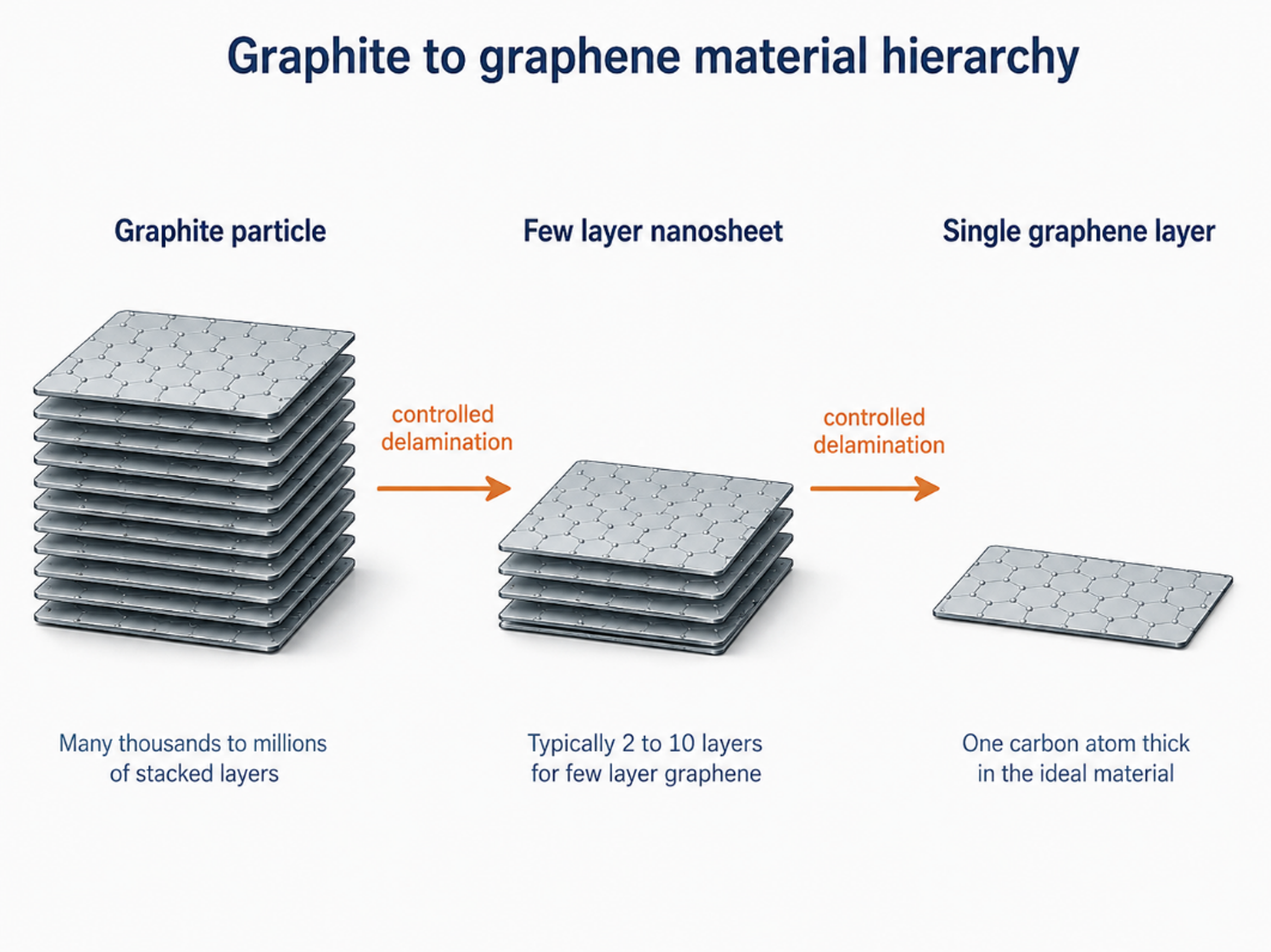 Figure 1.1. Hierarchy from a graphite particle to a few layer nanosheet and an ideal single graphene layer. Industrial powders normally contain a distribution rather than one uniform layer count