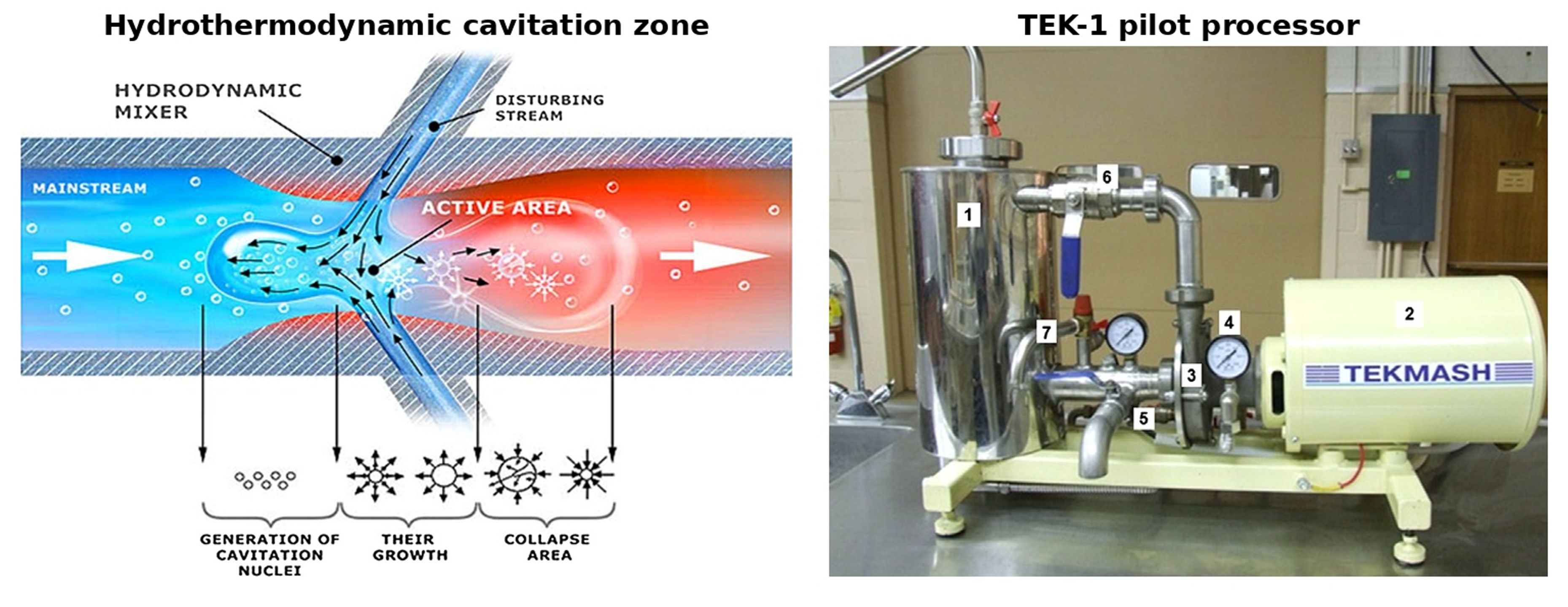 Figure 4.1. Hydrothermodynamic cavitation principle and TEK 1 pilot processor used for berry puree processing