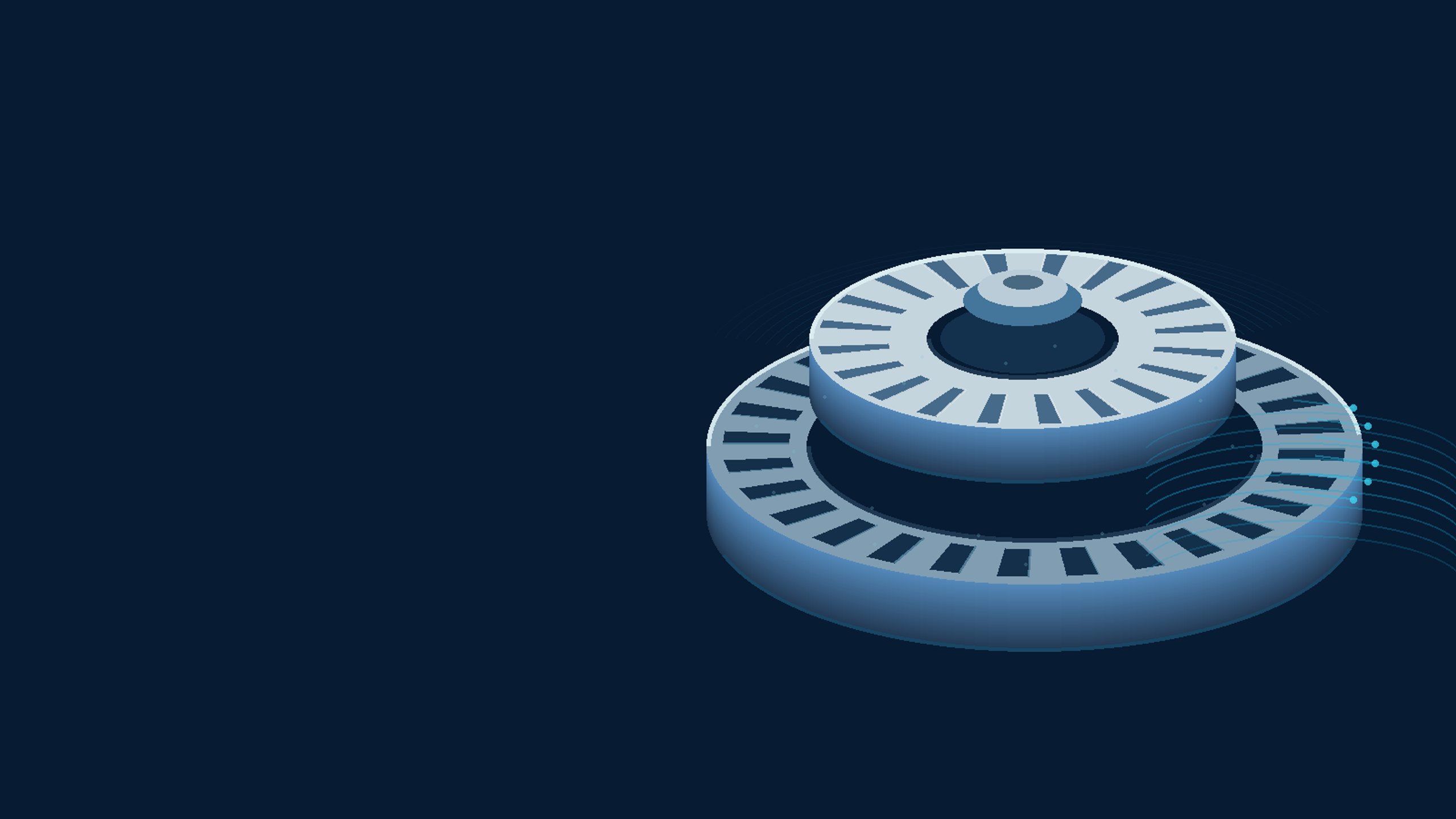 Isometric metallic rotor and stator mixing head with subtle flowing liquid on a solid navy background.