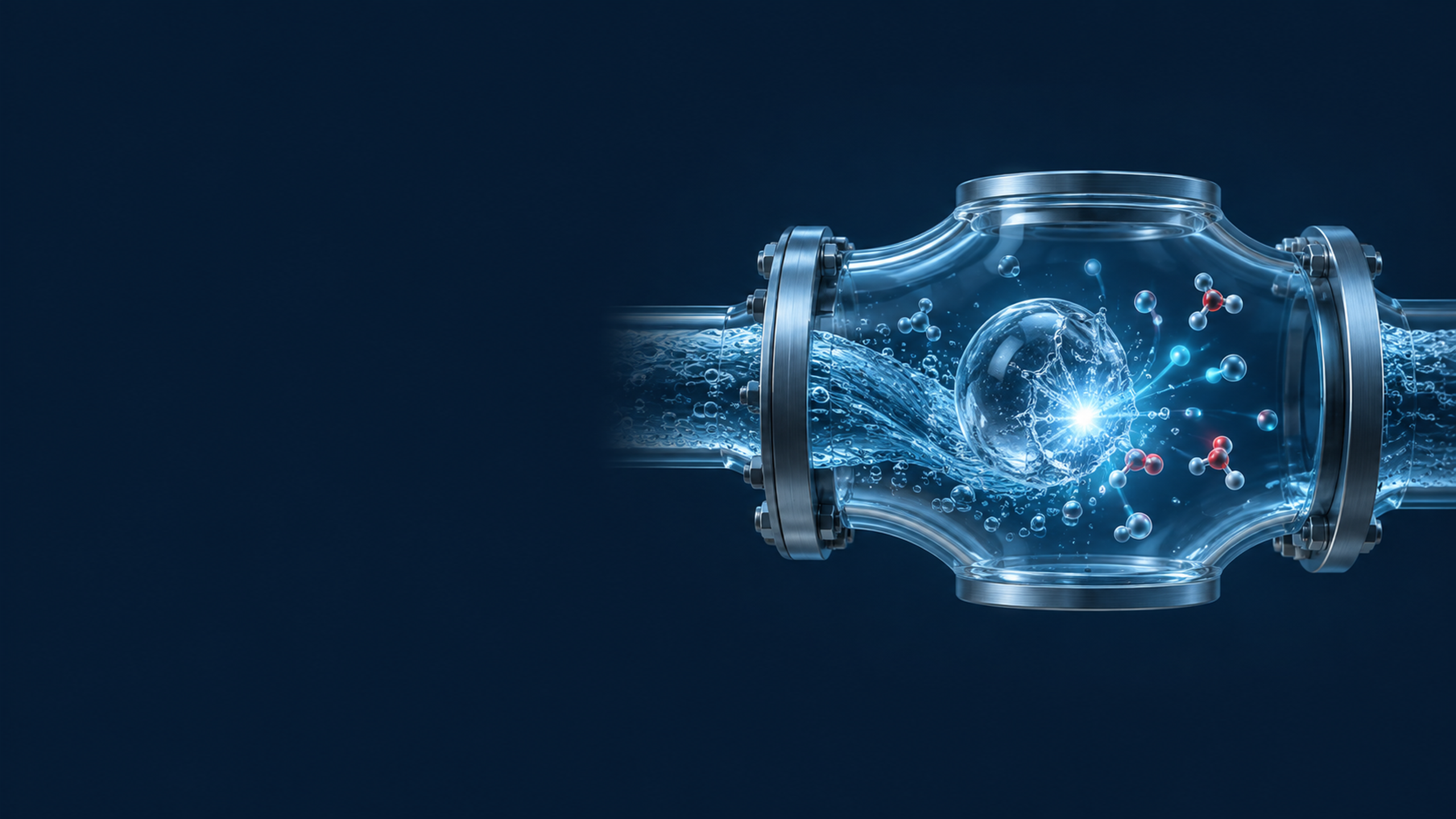 A transparent liquid-flow chamber containing one prominent collapsing bubble and subtle molecular motifs around its localized bright core, representing sonochemical activity conceptually.