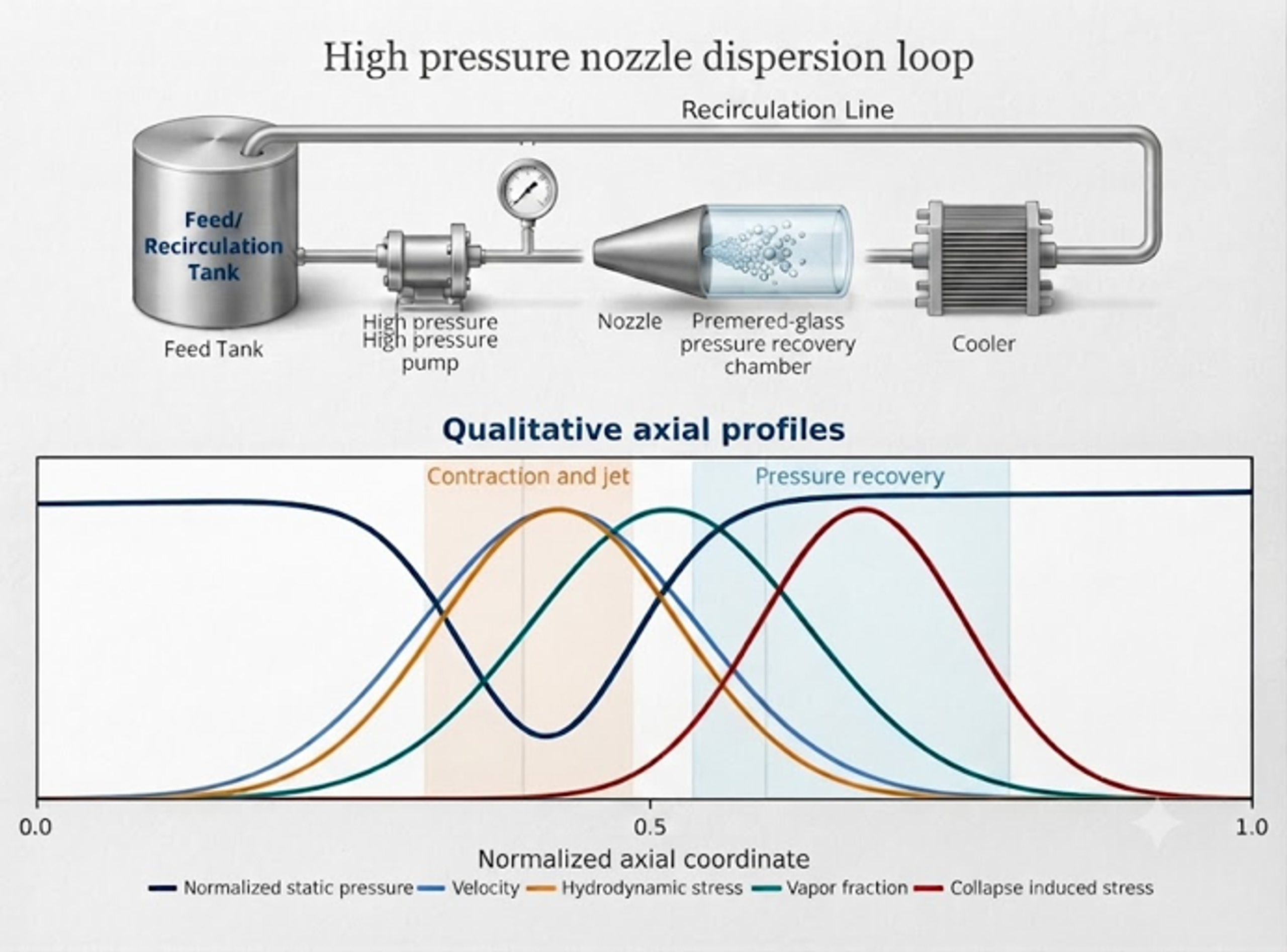 Figure 6.3. High pressure nozzle dispersion loop and qualitative axial profiles of pressure, velocity, vapor fraction, hydrodynamic stress, and collapse-induced stress