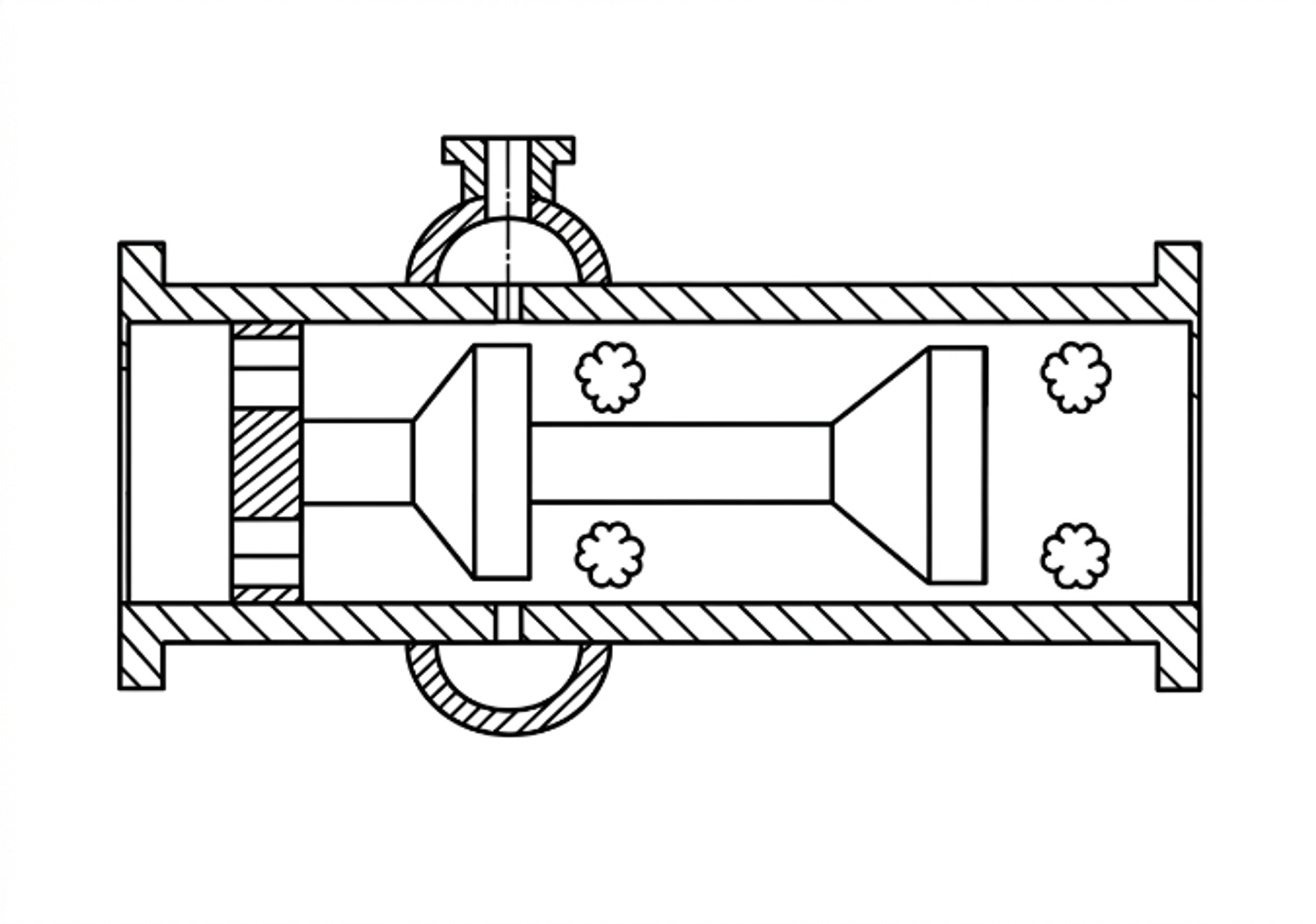 Figure 3.6. Multistage flow through cavitation device with repeated baffle elements. [13]