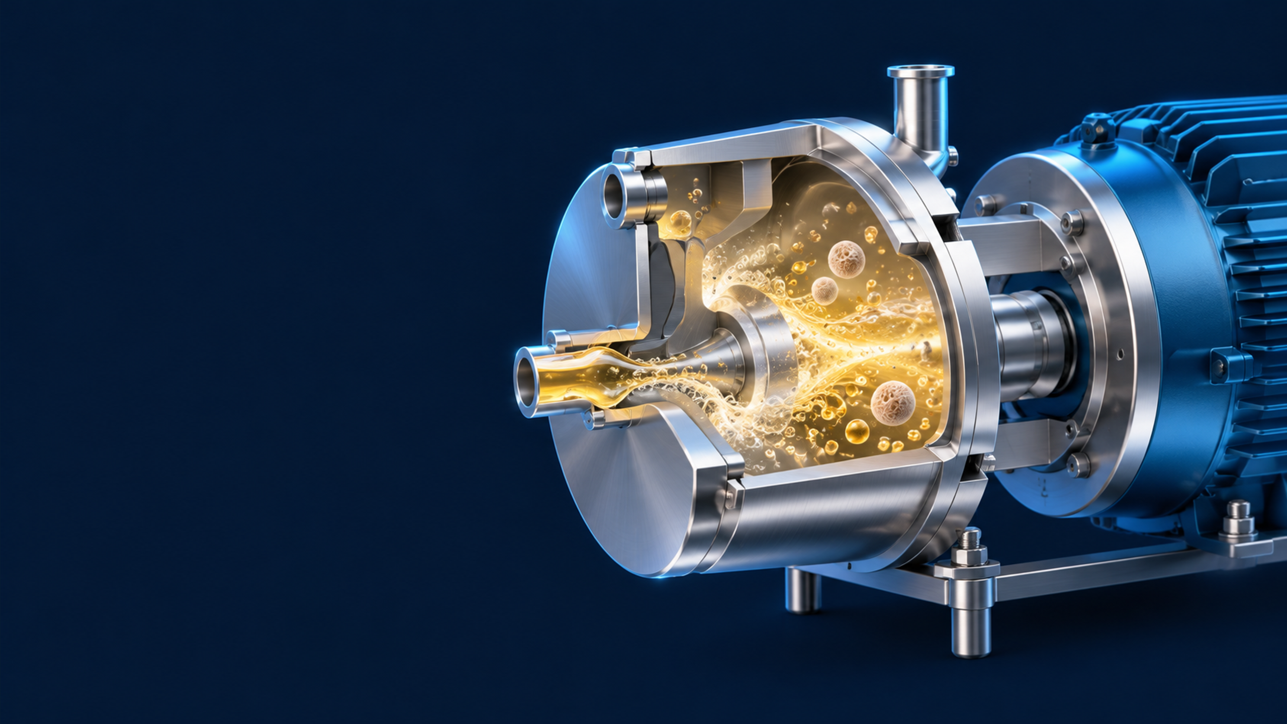 A clean stainless steel hygienic flow passage with pale gold liquid, small fermentation cells and fine droplets, restrained bubble activity suggesting food process intensification.