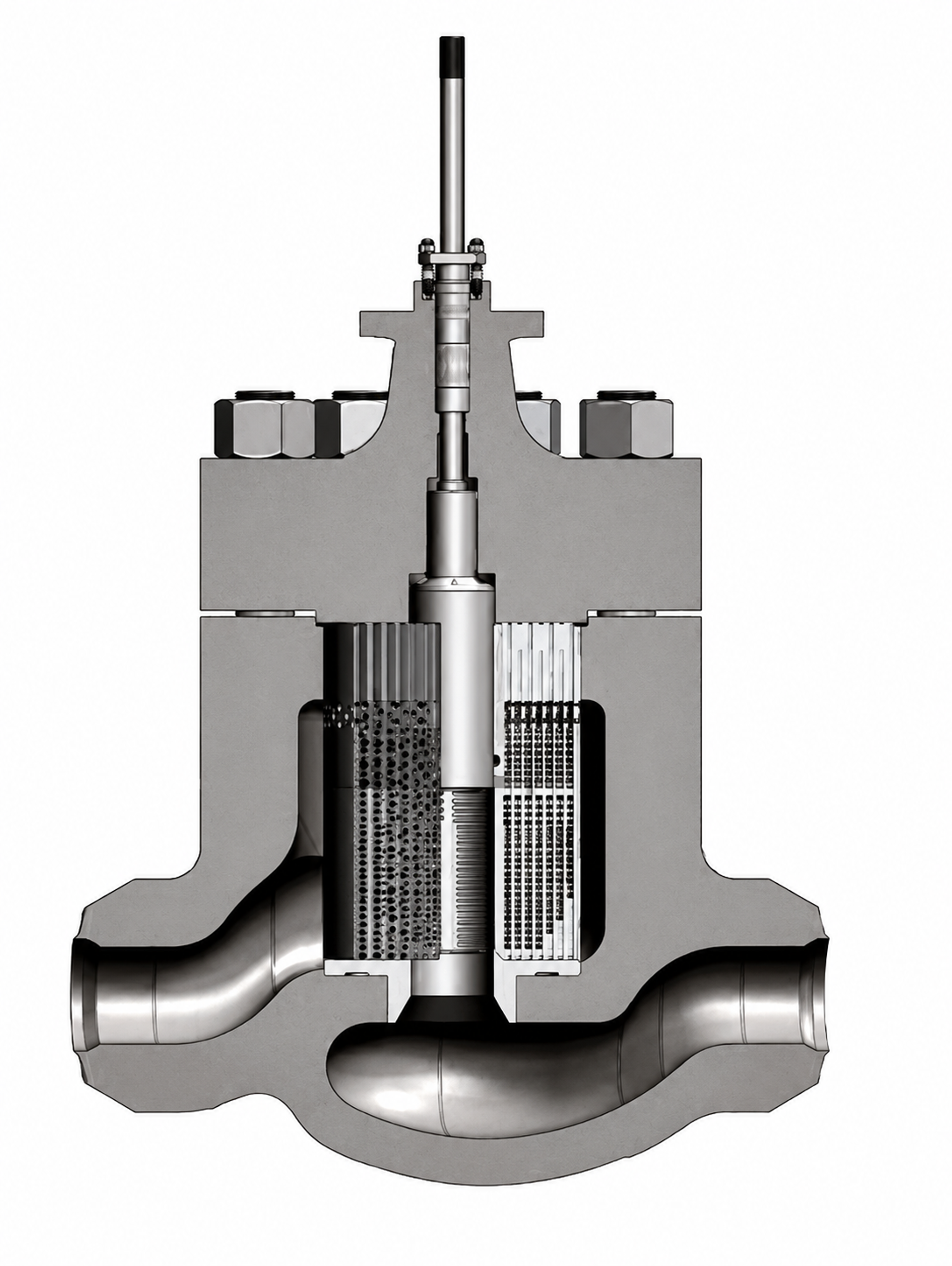 Figure 35. Cross-sectional view of the severe-service recirculation control valve trim and body