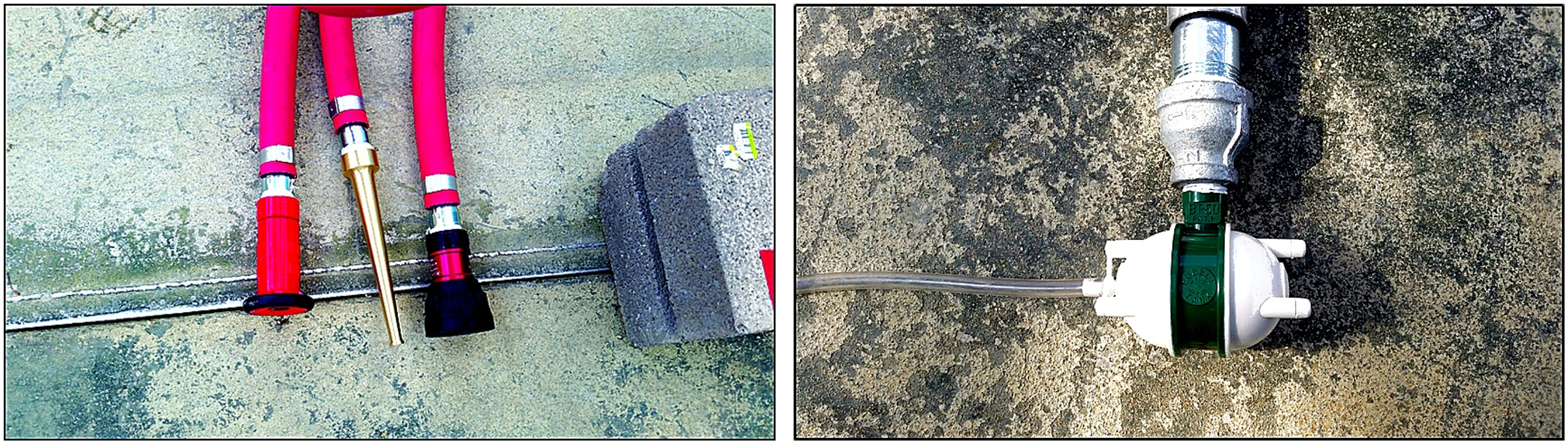 Figure 6.4. Conventional and submerged gas assisted nozzles evaluated in the U.S. Army ERDC cyanobacteria study